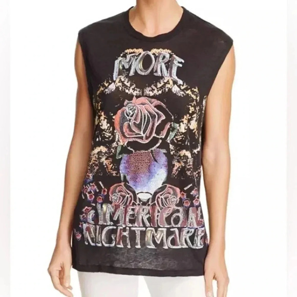 IRO Atimo Muscle Tee Linen Graphic Print Tank Top Crew Neck Tshirt Rose M - Picture 1 of 9